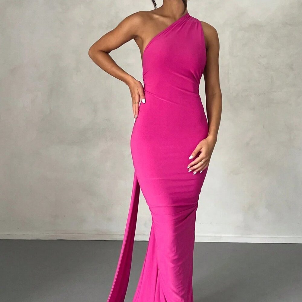 Hot Pink Sexy Women's One Shoulder Backless Smocked Fishtail Dress